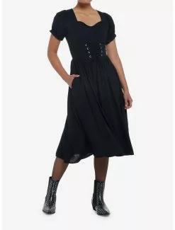 COSMICAURA Black Puff Sleeve Corset Midi Dress