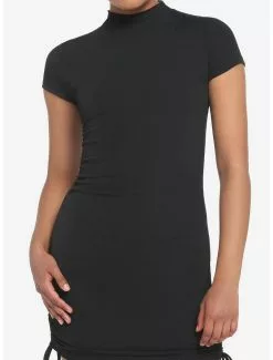 Black Ribbed Knit Ruched Mock Neck Dress
