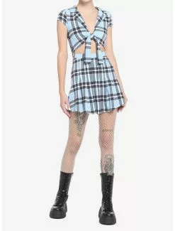 Light Blue Plaid Tie-Front Dress -Hoodies And Sweaters Shop 19542048 av1