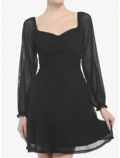 THORN&FABLE Black Bust Cup Ruched Peasant Long-Sleeve Dress