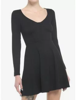 COSMICAURA Black Corset Seam Long-Sleeve Dress
