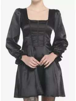 THORN&FABLE Black Satin Princess Long-Sleeve Dress