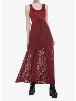 Burgundy Skulls Lace-Up Maxi Dress