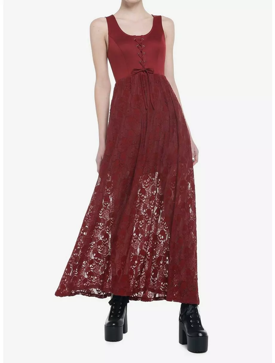 Burgundy Skulls Lace-Up Maxi Dress 3 Burgundy Skulls Lace-Up Maxi Dress