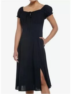 THORN&FABLE Black Babydoll Lace-Up Midi Dress
