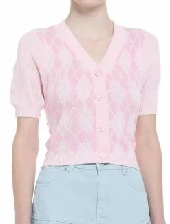 SWEETSOCIETY Pink Argyle Girls Crop Cardigan