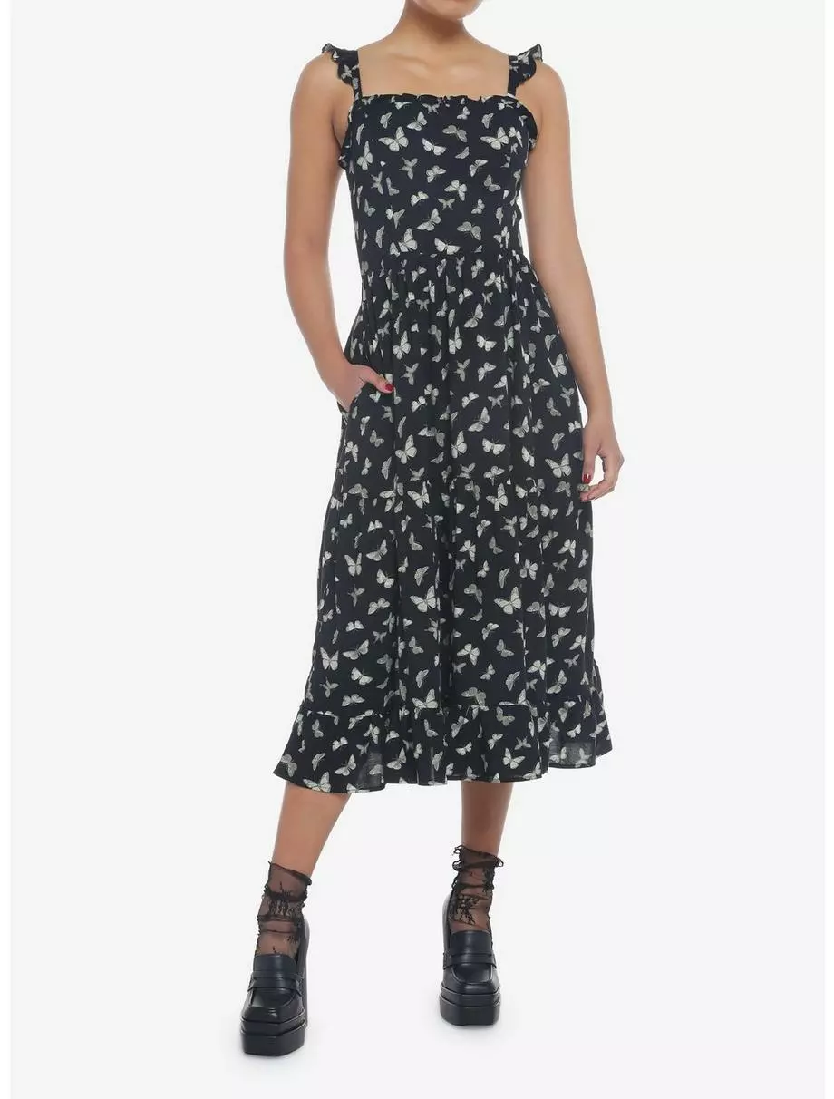 THORN&FABLE Black & Green Butterfly Ruffle Cami Midi Dress 4 THORN&FABLE Black & Green Butterfly Ruffle Cami Midi Dress - Image 2