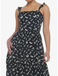 THORN&FABLE Black & Green Butterfly Ruffle Cami Midi Dress