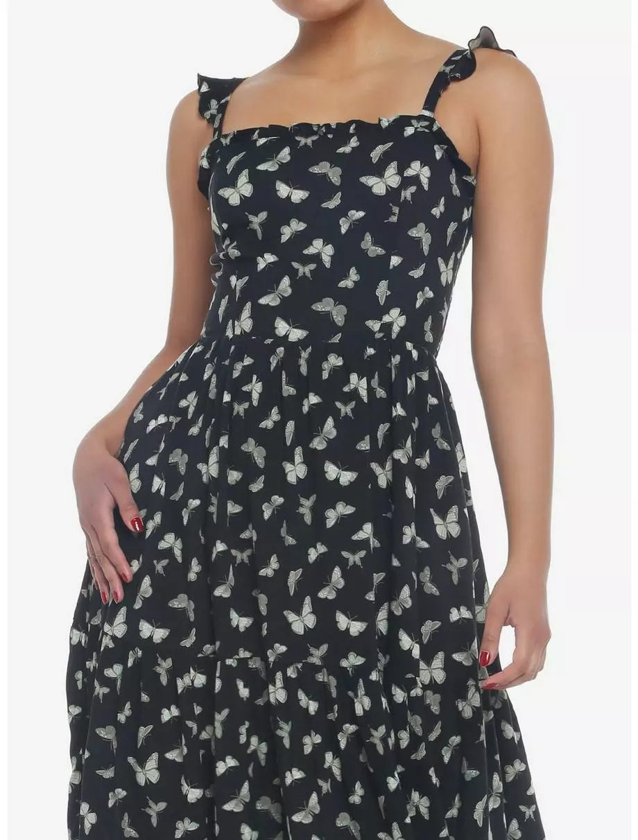 THORN&FABLE Black & Green Butterfly Ruffle Cami Midi Dress 3 THORN&FABLE Black & Green Butterfly Ruffle Cami Midi Dress