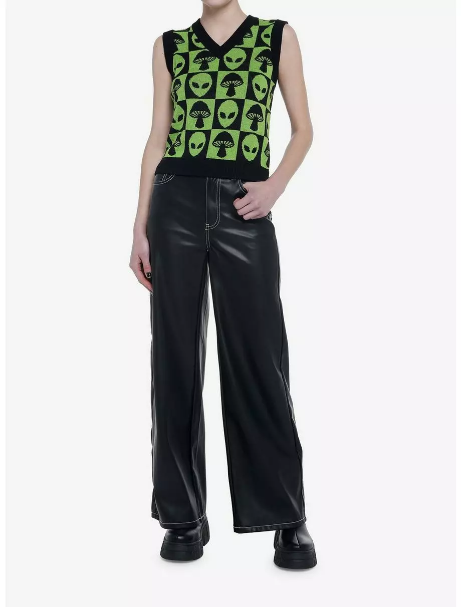 SOCIALCOLLISION Green Alien Mushroom Checkered Girls Sweater Vest 4 SOCIALCOLLISION Green Alien Mushroom Checkered Girls Sweater Vest - Image 2