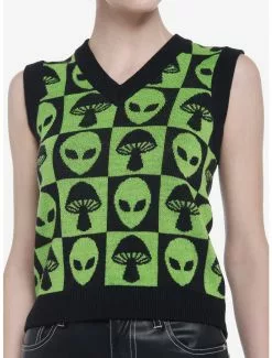 SOCIALCOLLISION Green Alien Mushroom Checkered Girls Sweater Vest