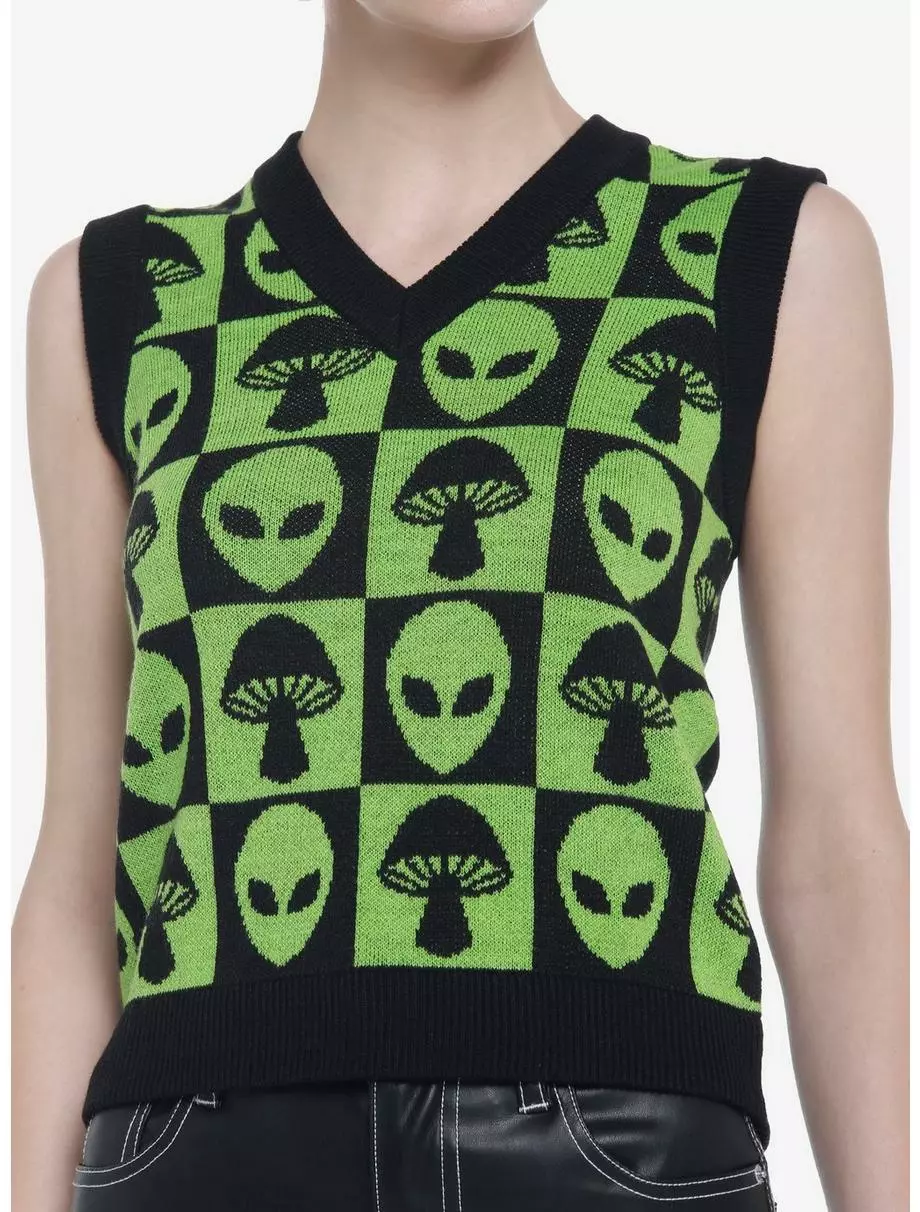 SOCIALCOLLISION Green Alien Mushroom Checkered Girls Sweater Vest 3 SOCIALCOLLISION Green Alien Mushroom Checkered Girls Sweater Vest