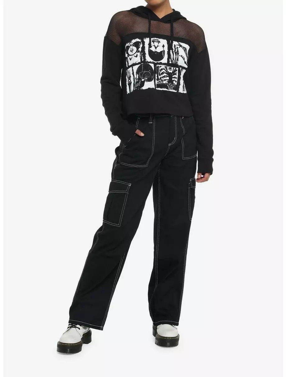 SOCIALCOLLISION Black & White Skeleton Anatomy Mesh Girls Crop Hoodie 4 SOCIALCOLLISION Black & White Skeleton Anatomy Mesh Girls Crop Hoodie - Image 2