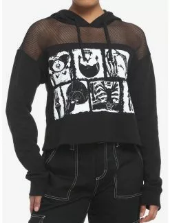 SOCIALCOLLISION Black & White Skeleton Anatomy Mesh Girls Crop Hoodie