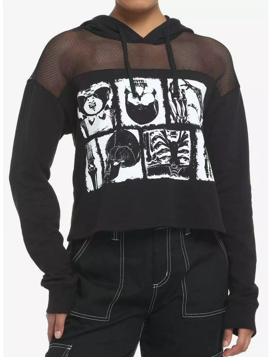 SOCIALCOLLISION Black & White Skeleton Anatomy Mesh Girls Crop Hoodie 3 SOCIALCOLLISION Black & White Skeleton Anatomy Mesh Girls Crop Hoodie