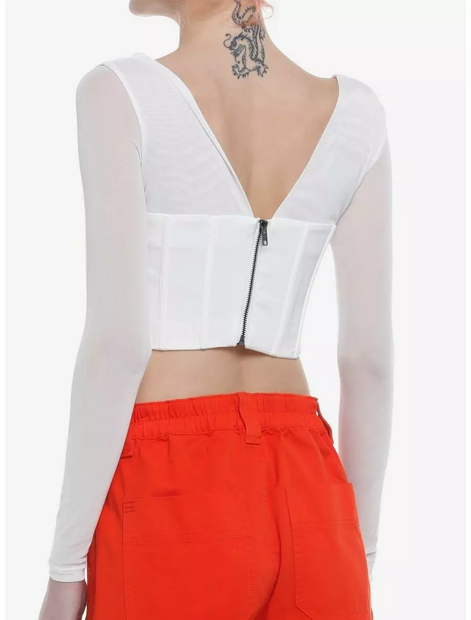 Ivory Mesh Corset Girls Crop Long-Sleeve Top 5 Ivory Mesh Corset Girls Crop Long-Sleeve Top - Image 3