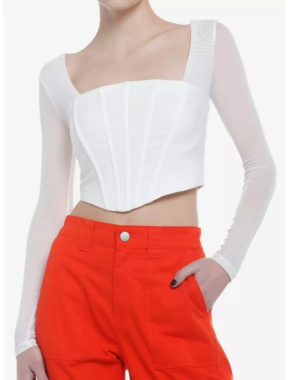 Ivory Mesh Corset Girls Crop Long-Sleeve Top 3 Ivory Mesh Corset Girls Crop Long-Sleeve Top