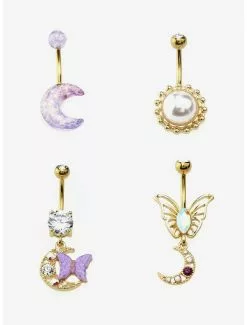 14G Gold Butterfly Moon Navel Barbell 4 Pack