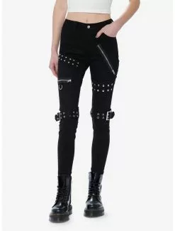 SOCIALCOLLISION Black Grommet Zipper Super Skinny Jeans