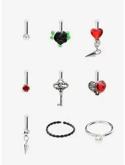 Steel Heart Rose Key Nose Stud & Hoop 9 Pack