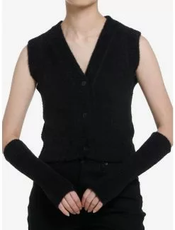 COSMICAURA Cosmic Aura Black Fuzzy Girls Vest With Arm Warmers