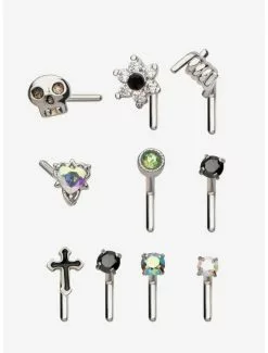 18G Steel Cross Skull & Barbed Wire Nose Stud 10 Pack
