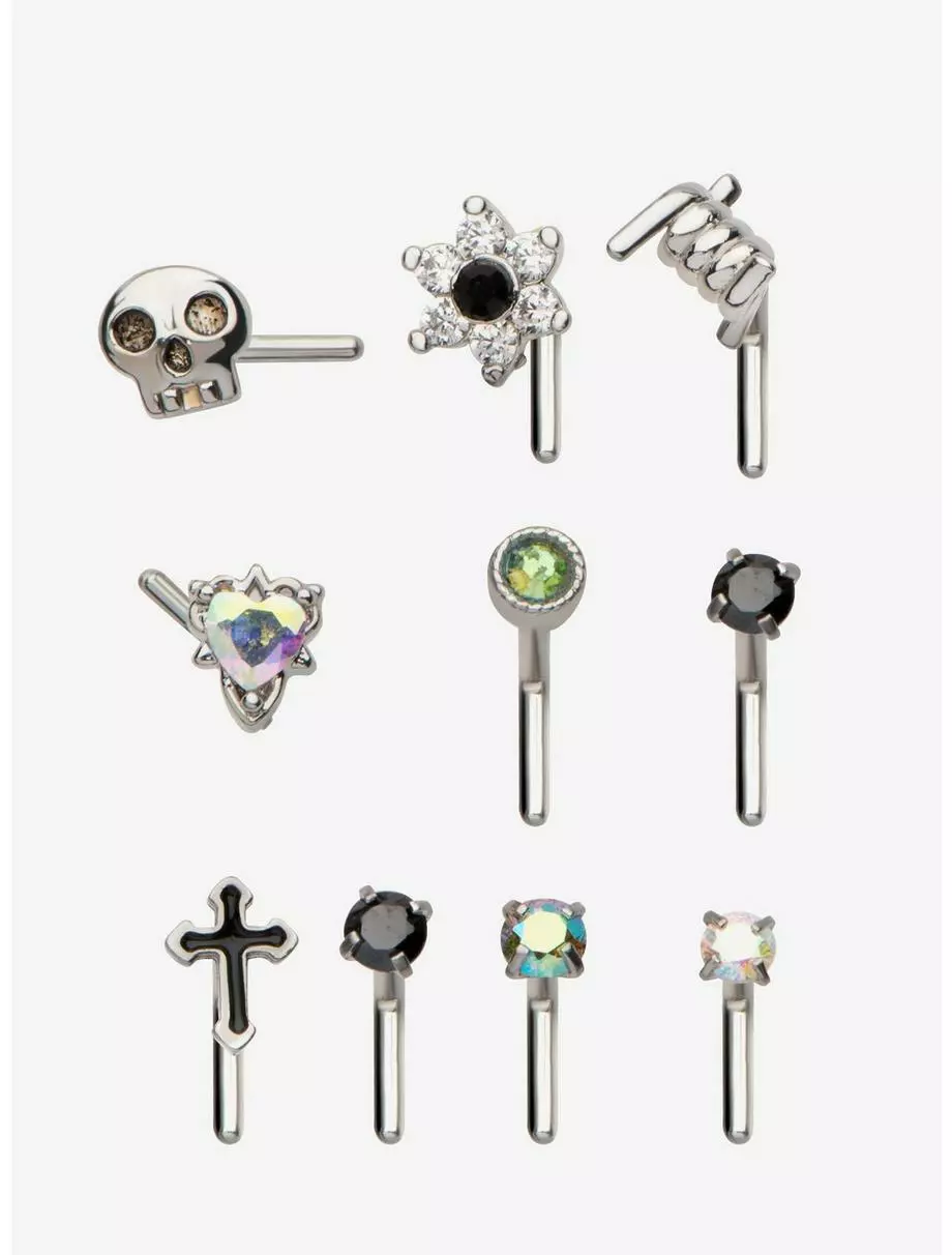18G Steel Cross Skull & Barbed Wire Nose Stud 10 Pack 3 18G Steel Cross Skull & Barbed Wire Nose Stud 10 Pack