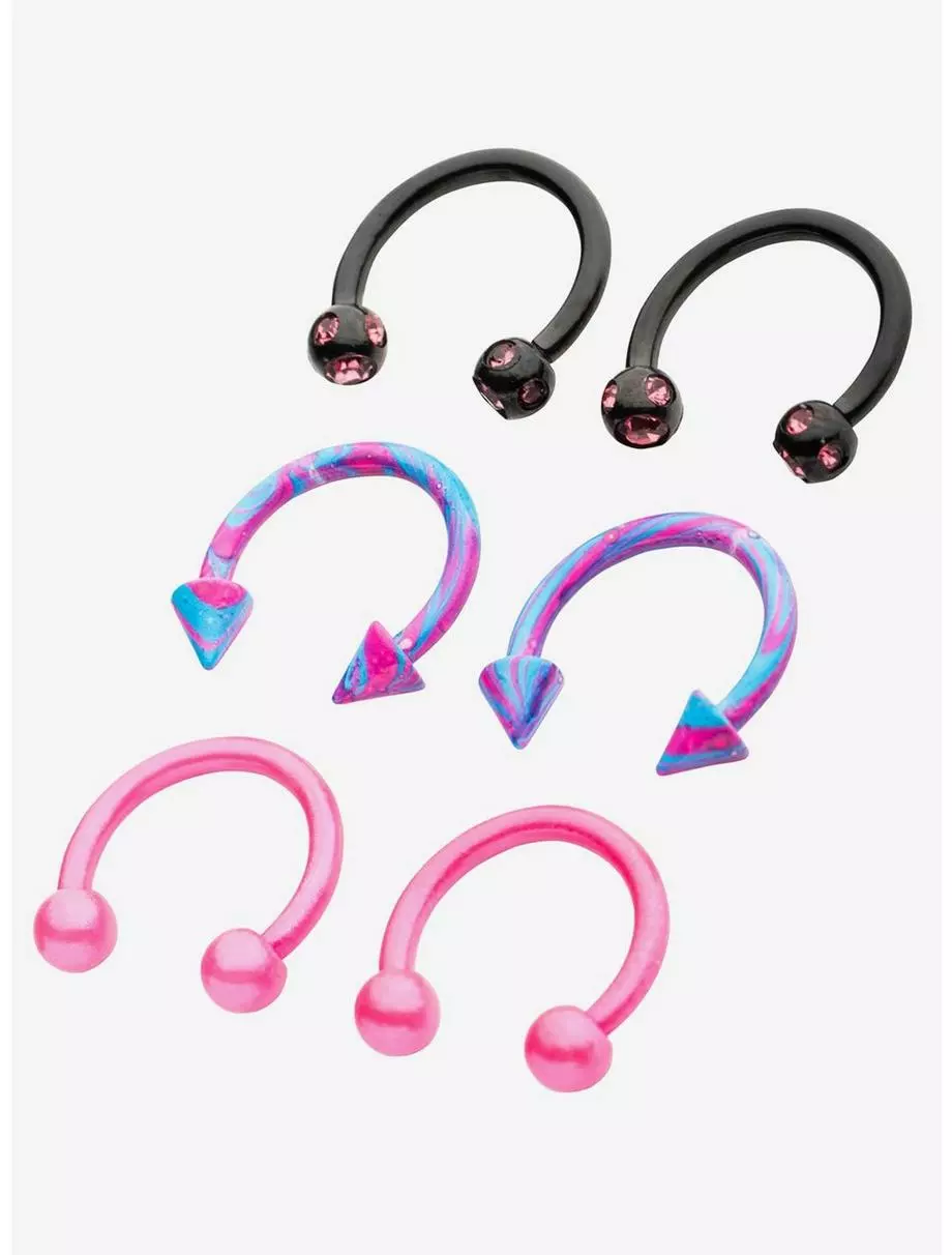 Steel Pink & Blue Swirl Circular Barbell 6 Pack 3 Steel Pink & Blue Swirl Circular Barbell 6 Pack