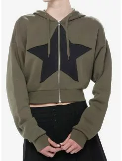 SOCIALCOLLISION Social Collision Green Star Girls Crop Hoodie