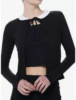 MIDNIGHTHOUR Black & White Peter Pan Tie-Front Girls Cardigan