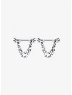 14G Silver Chain Nipple Barbell 2 Pack
